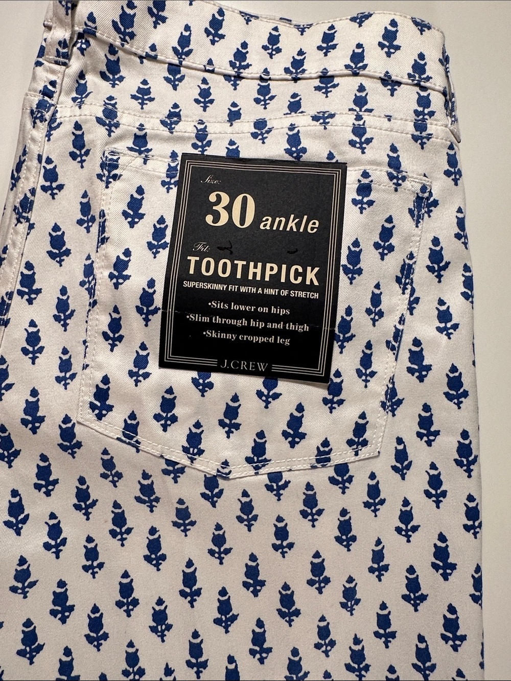 J. Crew Men’s Toothpick Ankle Jeans in White with Blue Print
